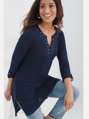 Chico’s Linen Embroidered Sequin Tunic Top 3/4 Sleeves New Size XL Natural Fiber